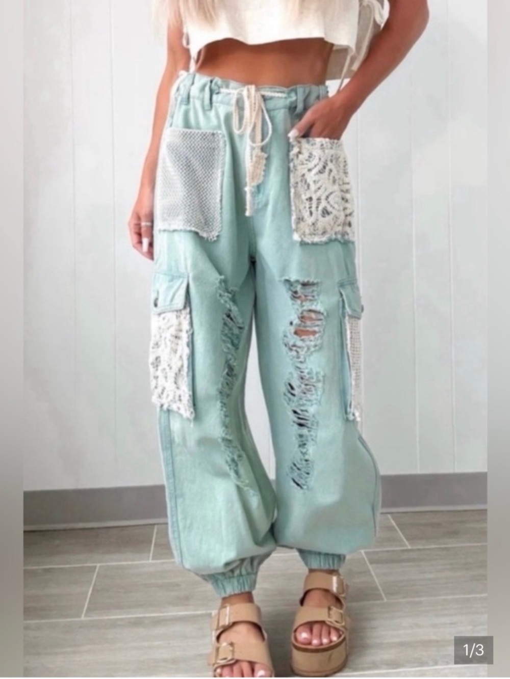 POL Light Aqua Distressed Cargo Joggers with Crochet Pockets